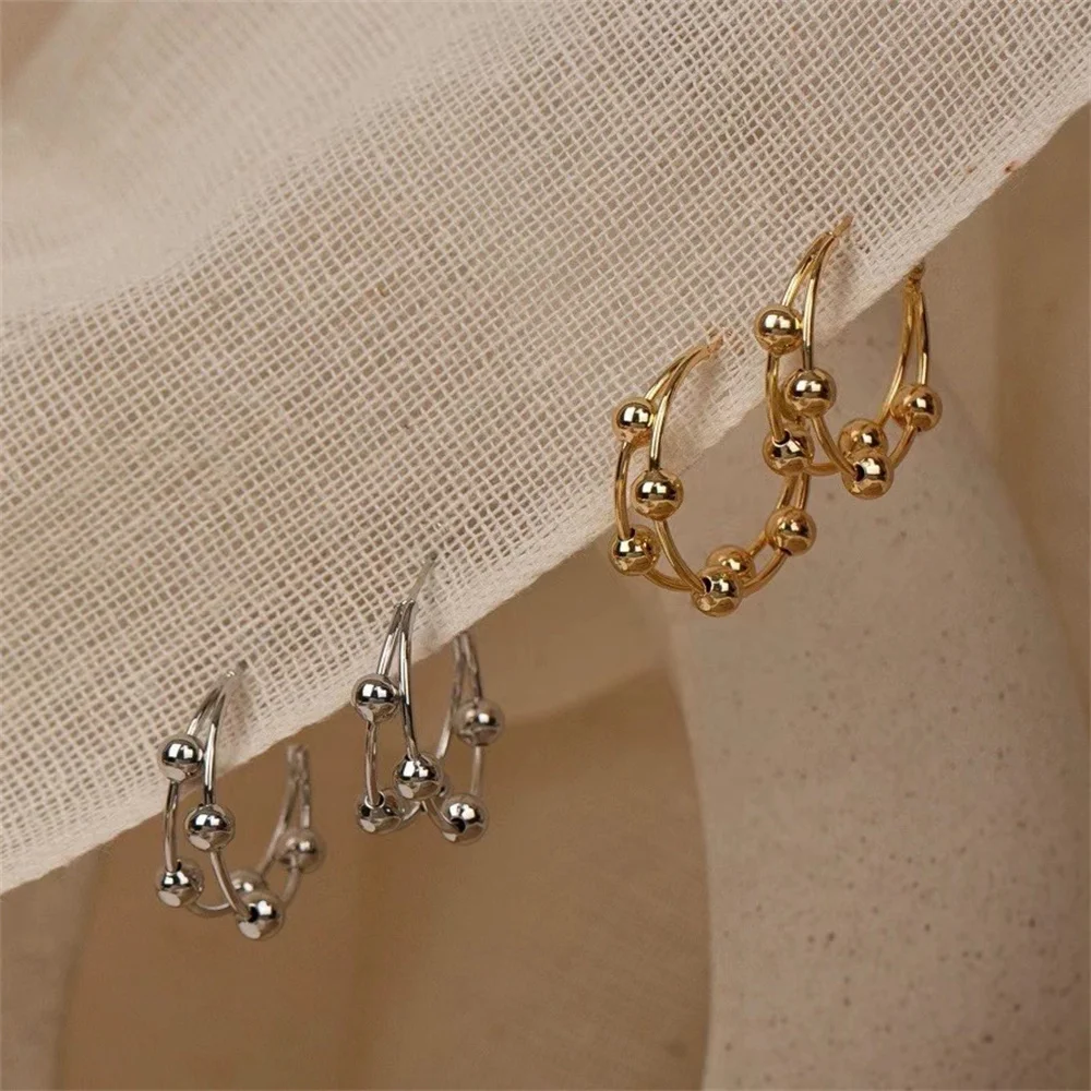 Simple Y2k Double Metal Circular Ball Hoop Earrings For Women Exaggerated Design Daily Accessory Party Jewelry Birthday Gifts