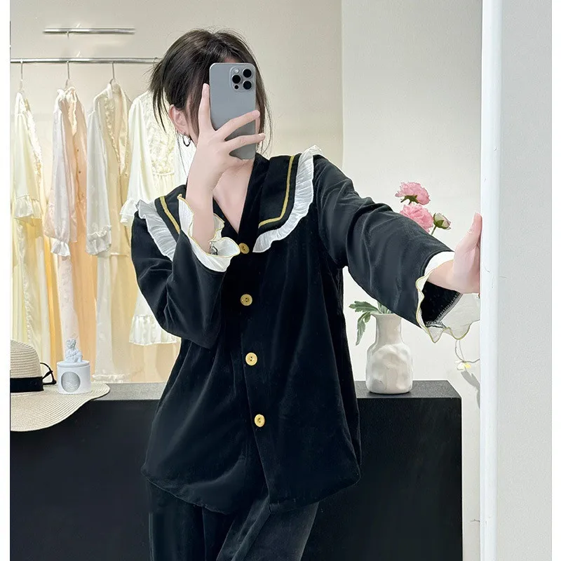

Sweet Autumn Winter Island Velvet Women's Sleepwear Long Sleeve Lace Trim Shirt Pants Princess Style Home Clothes Set Outdoor