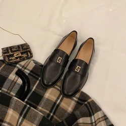 New British style thick sole genuine leather flat sole single shoe round toe gold buckle small leather shoes for women