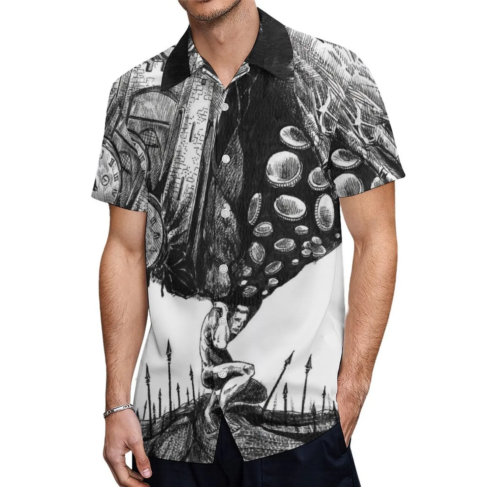 New Men's Resort Hawaiian 3D Sketch An Alarm Clock Shirt Holiday Vacation Beach Summer Lapel Collar Short Sleeve Comfort Shirts