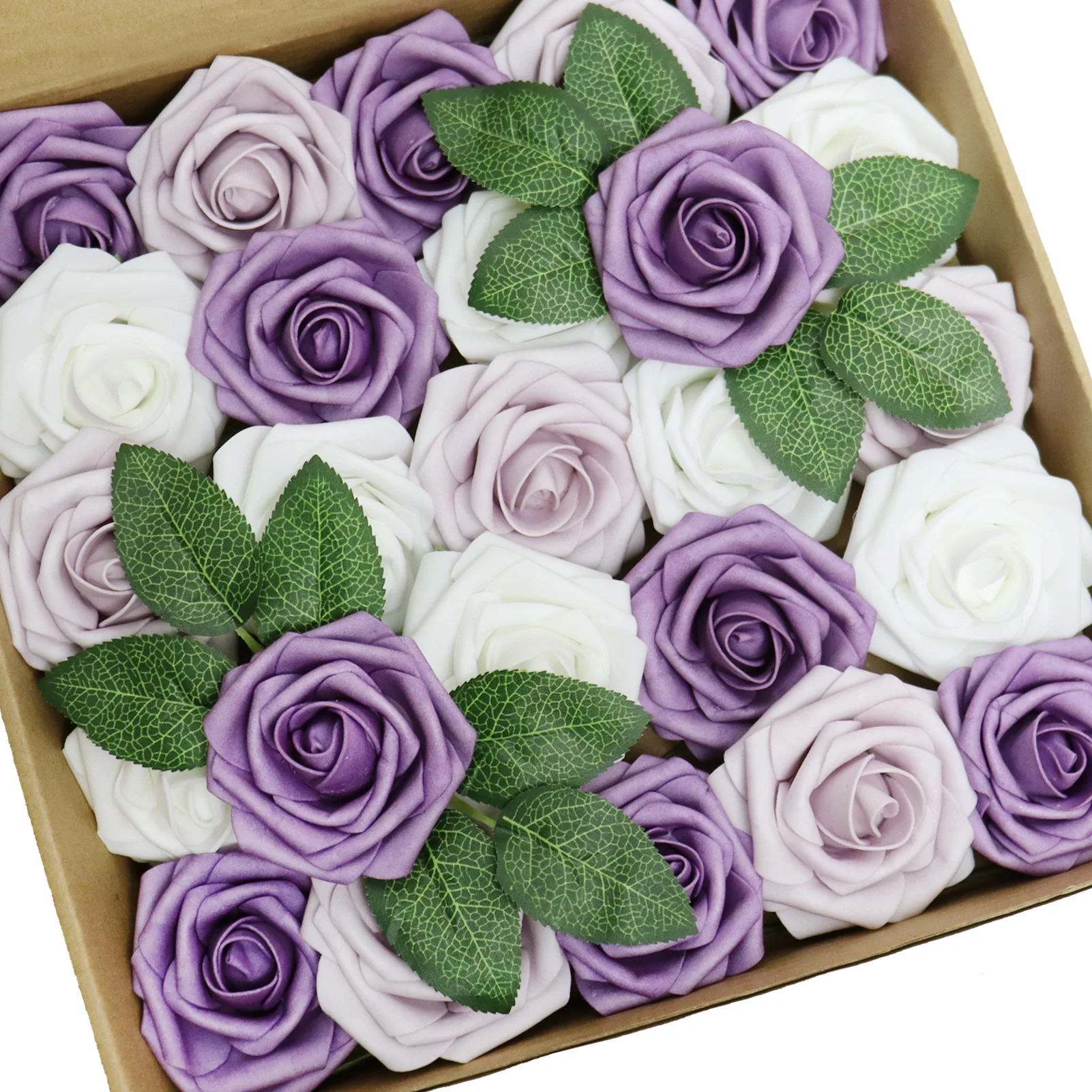 D-Seven 25/50pcs Artificial Flower White/Lavender Mist/Pale Lilac Roses with Stem for DIY Wedding Bouquets Cake Flower Decor