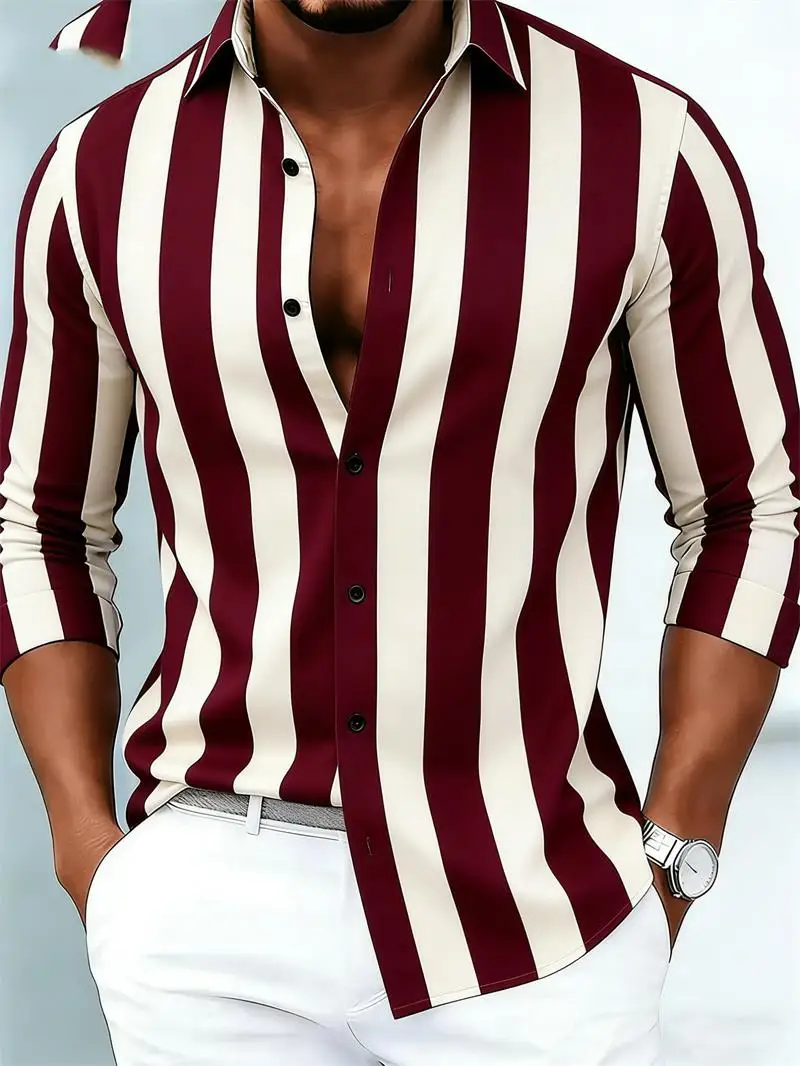 Men's Shirt Burgundy White Vertical Stripe Print Long Sleeve Button Down Shirts Turn Collar Business Casual Fashion Men Clothing