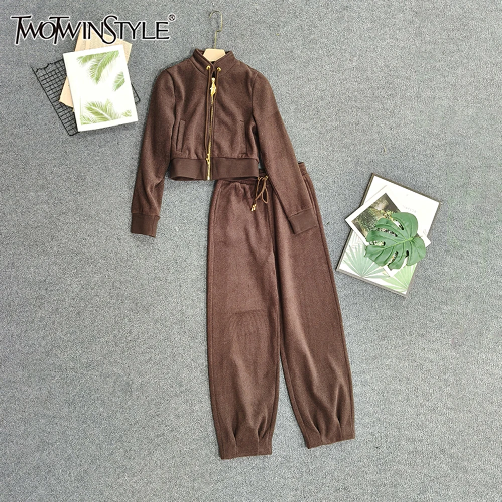 

TWOTWINSTYLE однотонные повседневные спортивные комплекты для женщин, топ с капюшоном и длинными рукавами, брюки с высокой талией, комплект для поездок на работу, женский, новый KSE533460
