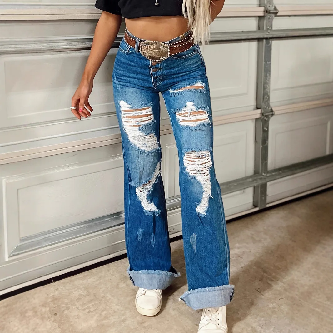 

Hole Jeans Women High Waist Distressed Straight Pants Y2k Vintage Washed Ripped Trousers Streetwear Denims Floor Length 2026