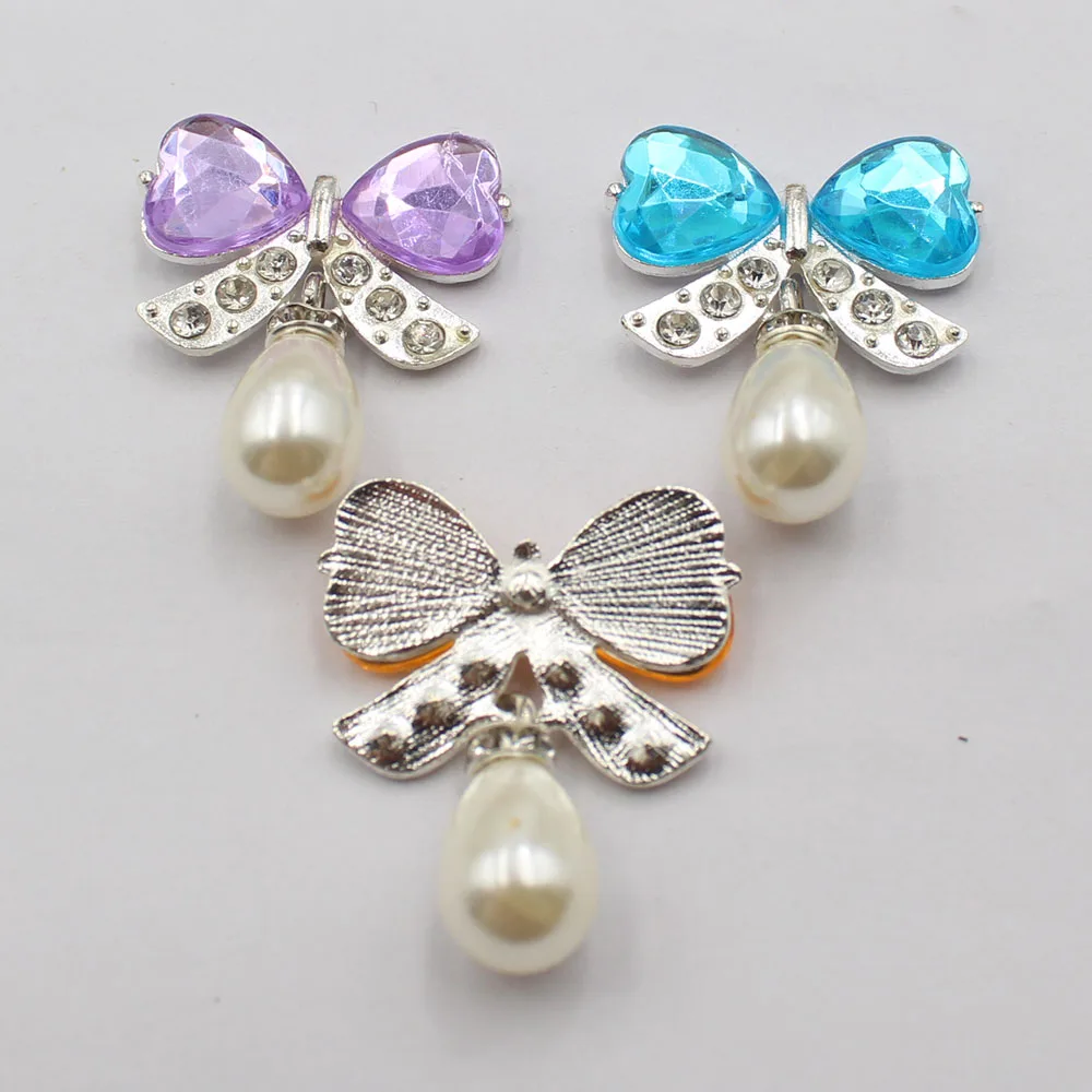 Direct sales of 5 pieces/set silver alloy diamond studded bow, water droplet pearl material DIY hat, earring, necklace, fashiona view 2