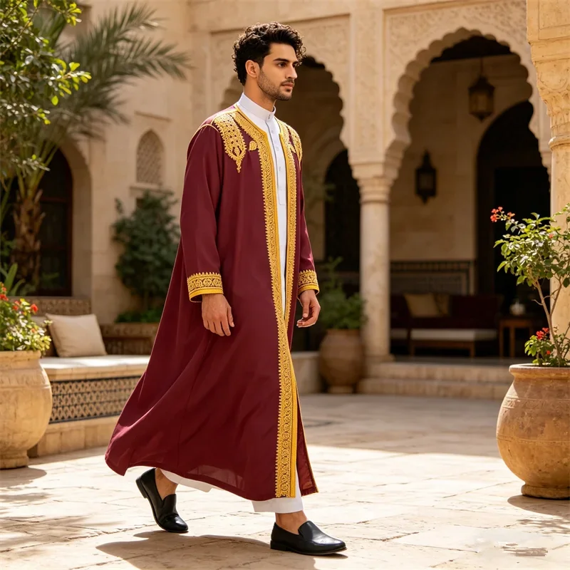 Traditional Embroidery Jubba Thobe Men Muslim Dress Saudi Arab Robe Kimono Cardigan Abaya Daffah Dishdasha Thoub Clothing