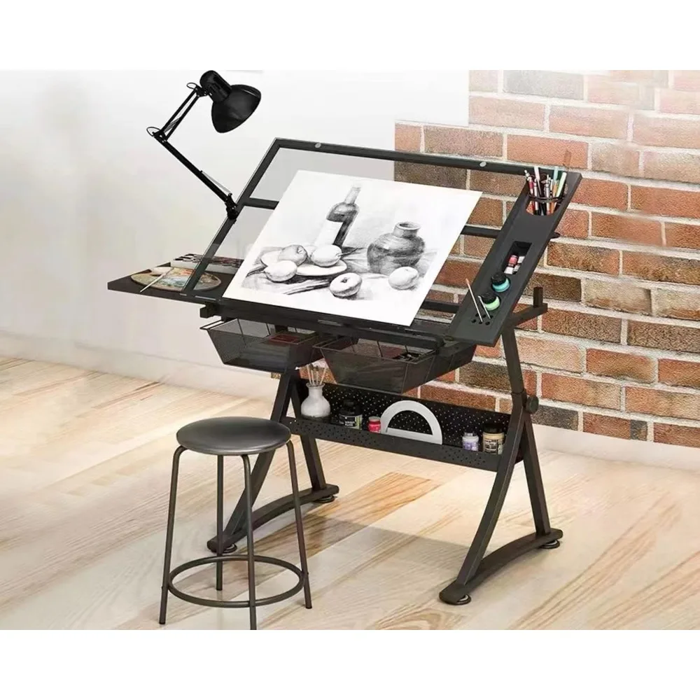 

Glass Drafting Table Art Desk – Adjustable Professhional Artwork Drawing Desk, Glass-Topped Art Table for Craft Station Studio H