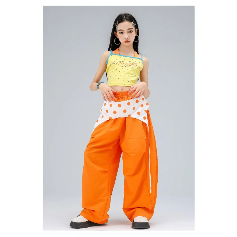 

New Jazz Performance Outfit Orange Yellow Cami Top Matching Set Trendy Cool Sleeveless Streetwear Summer Stage Dance Tracksuit