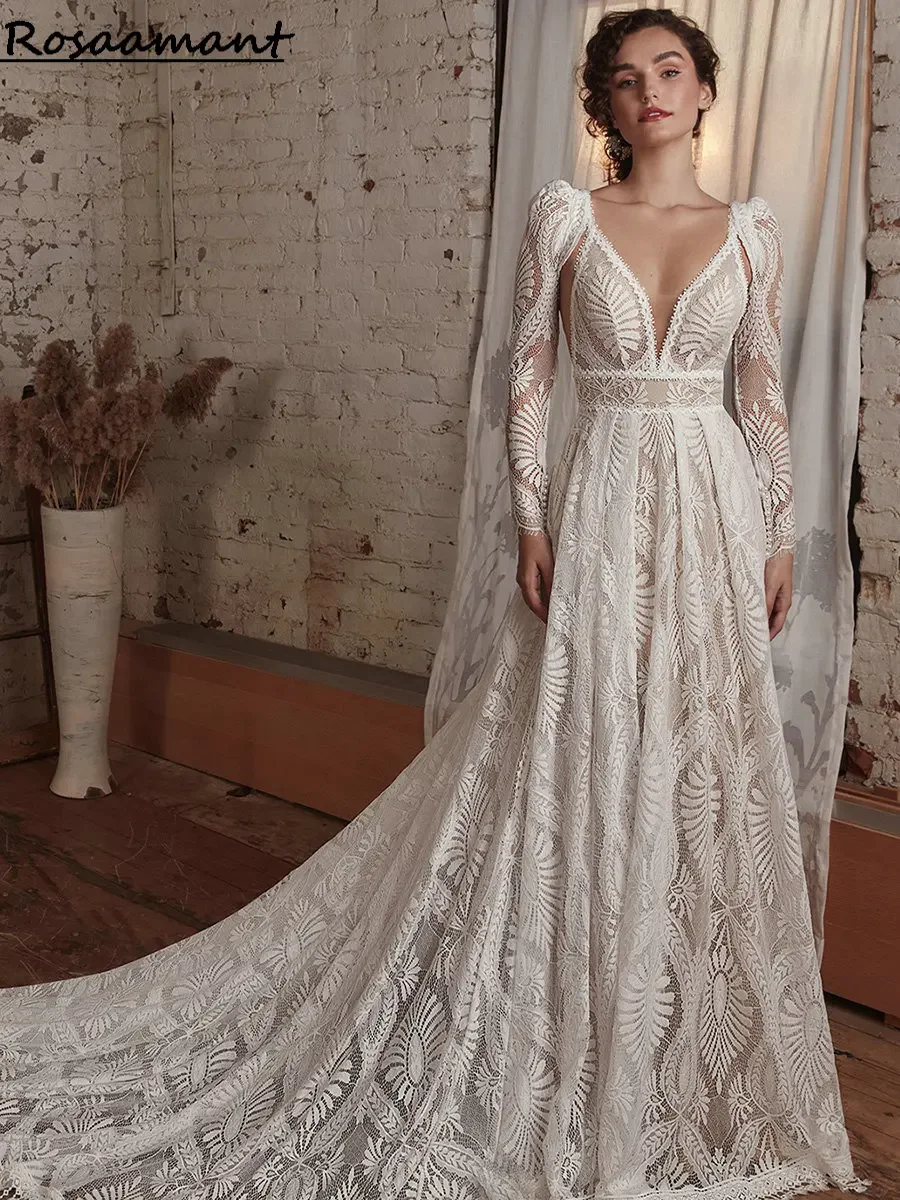 Bohemian Lace Appliques Detachable Sleeve A-Line Wedding Dresses V-Neck Open Back Bridal Gowns robe de mariée