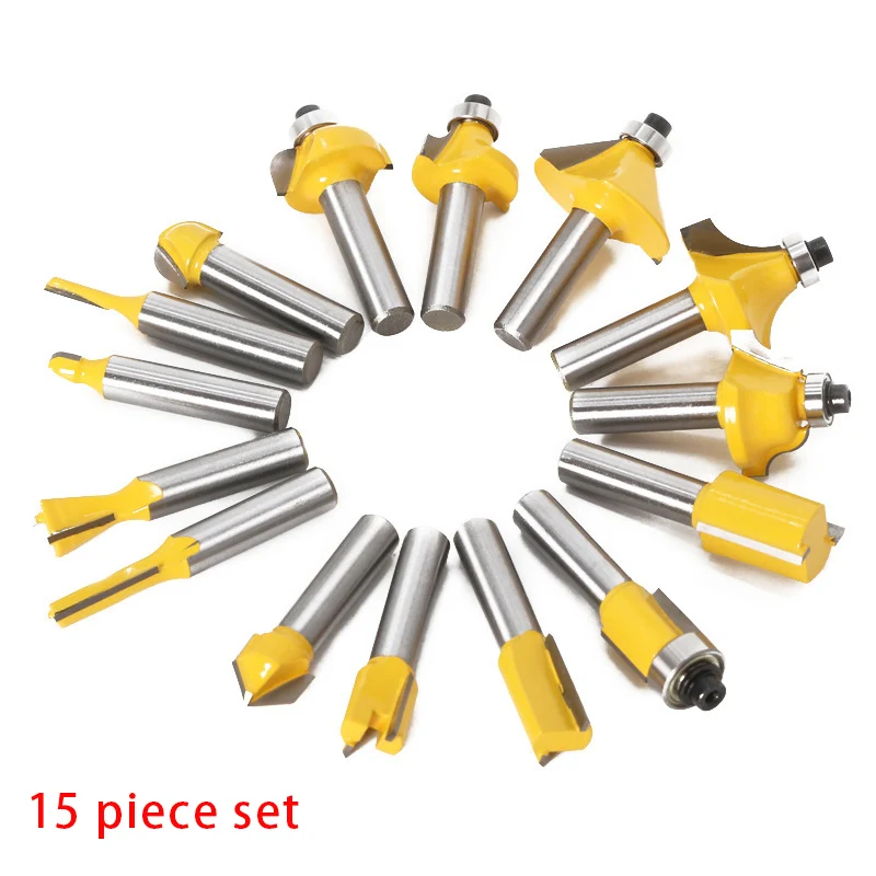 15 Pieces Drill Bit Set Bearing Woodworking Tools for Beginners Router Drill Bit Set for DIY, Straight, Dovetail, Chamfer