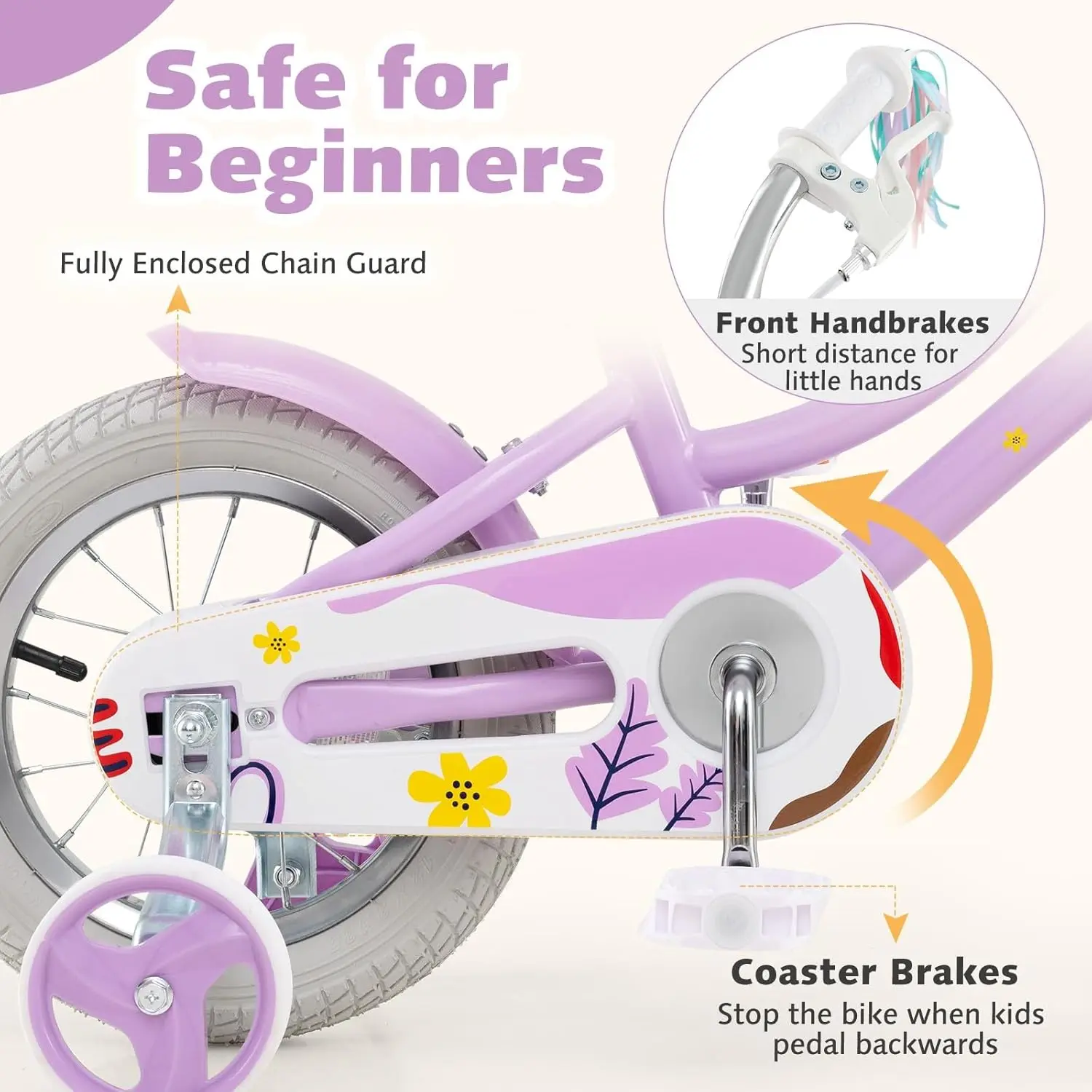 Rower dziecięcy, 12 14 16 18 cali, rower dla dziewczynki z kołami pomocniczymi, siedziskiem dla lalki, wstążkami, hamulcem ręcznym i hamulcem nożnym, w pełni zakryty łańcuch.