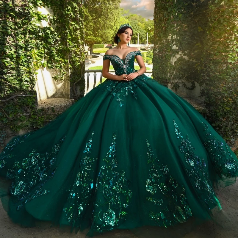 

Blackish Green Shiny Princess Quinceanera Dresses Off Shoulder Sequin Applique Lace Beading Crystal Tull Sweet 16 Dress Ball