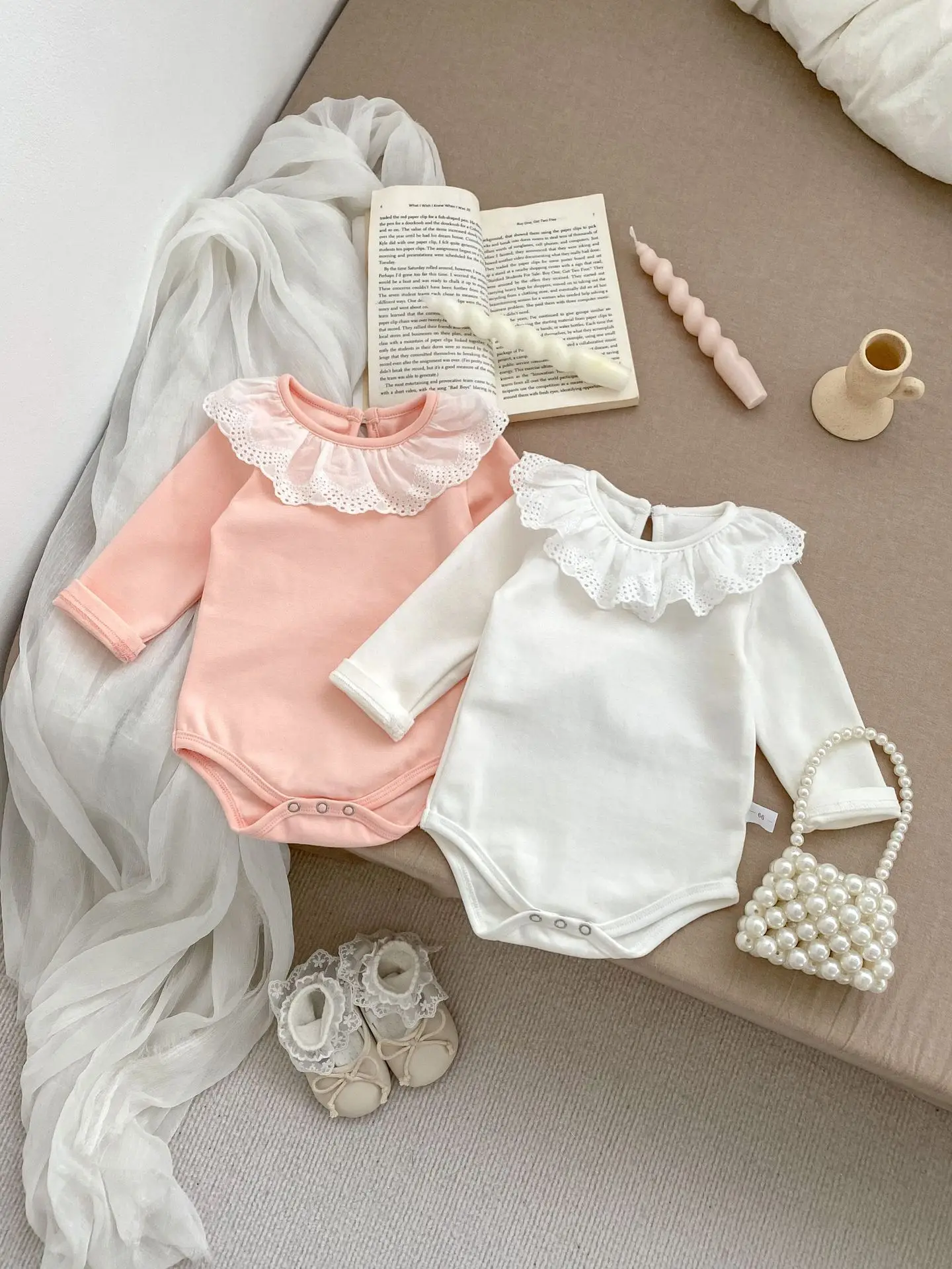 

2024 Spring New Baby Long Sleeve Bodysuit Infant Girl Solid Lace Collar Jumpsuit Newborn Toddler Cotton Casual Clothes 0-24M