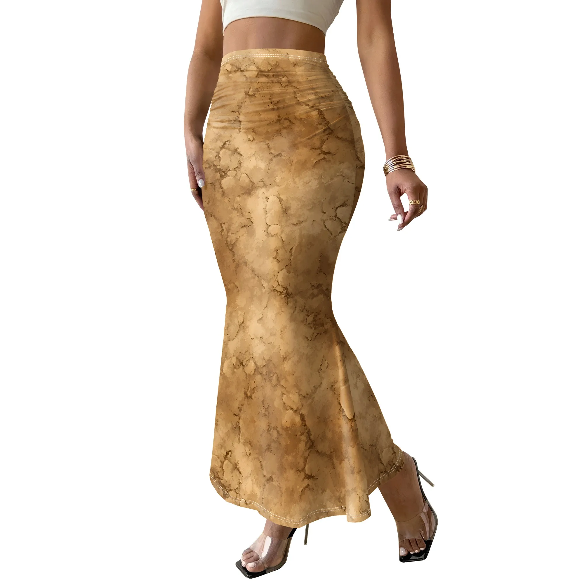 Marble Print Mermaid Skirt, Vintage Texture Midi Skirt, Bodycon Pencil Skirt for Women, Summer Beach Party Outfit, S-3XL