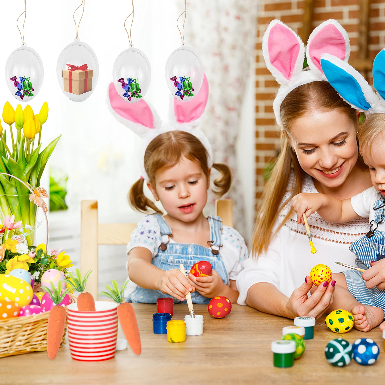 

12pcs Easter Egg Box Transparent Plastic Hanging Decor 62x44x45mm 80x53x59mm Festival Pendant Home Party Decor Easter Scene