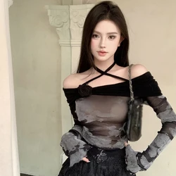 Women's Crop Top Korean Version Off Shoulder Tie-Dye Irregular Slim Sexy Fashion Mesh Sunscreen Long Sleeves Crop Top