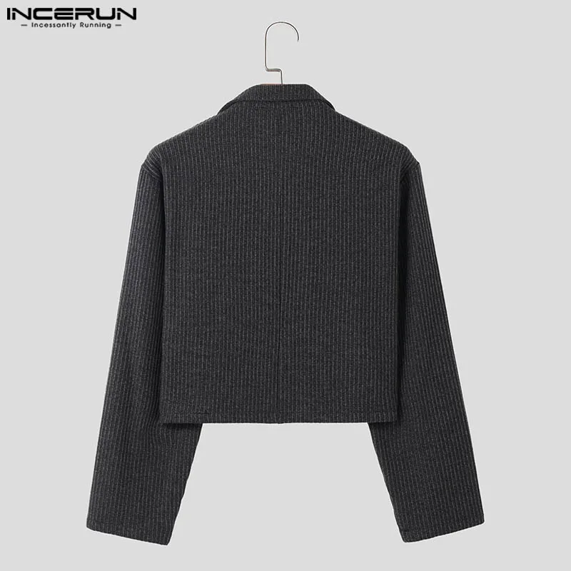 INCERUN Tops 2024 American Style Fashion New Men Contrast Striped Cropped Suit Coats Casual Streetwear Long Sleeved Blazer S-5XL