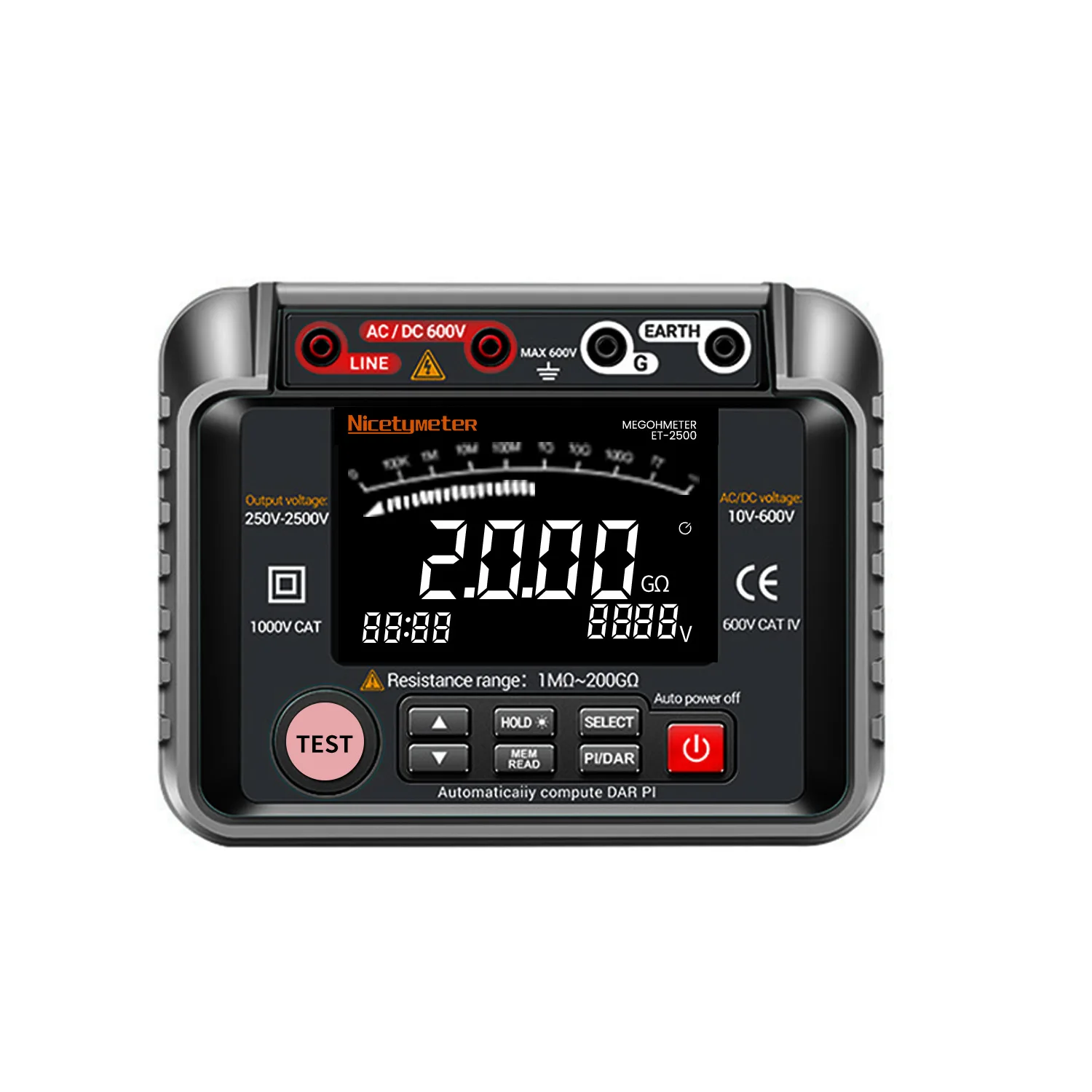 

Digital Megohmmeter Insulation Resistance Tester 250/500V/1000V/2000V/2500V Ultra-clear VA Display AC Voltage DC Voltage Test