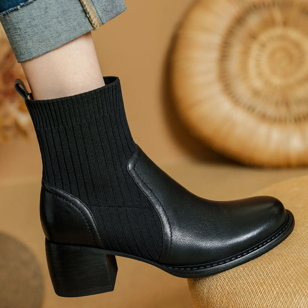 

Women's sheepskin stretch knit patchwork slip-on autumn ankle boots round toe 6cm chunky heel casual female short sock boots hot