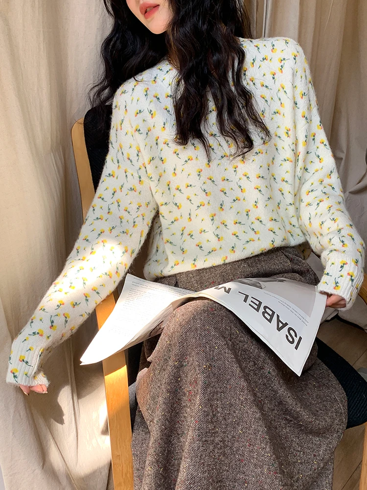 Sezan French Country Floral round Ne Pullover Knitted Loose Women's Sweater Sweet Sle Long Sve Printed Loose Fit Top