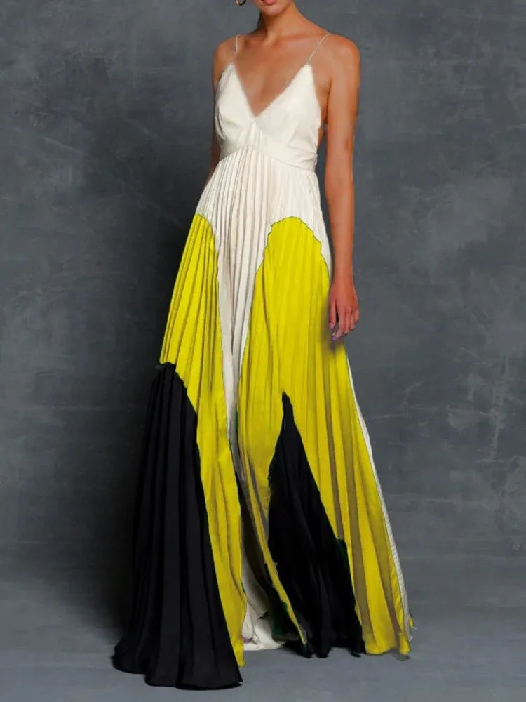 Summer New Color Matching Spaghetti Strap Dresses Women Sexy V-neck Backless Folds A-line Long Dress Temperament Ladies Vestidos