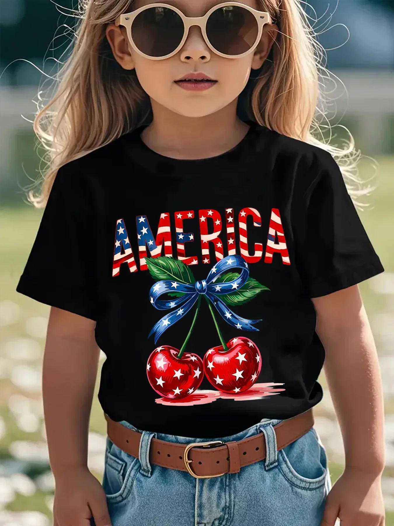 Kids Patriotic America Cherry Short Sleeve Top US Flag Striped Letter Star Cherry Bow Design Independence Day Holiday T-Shirt