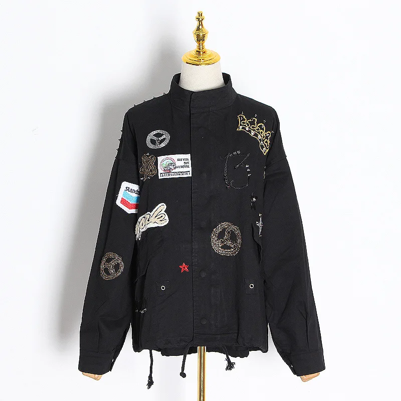 

Fashion Loose Denim 2025 Summer New Style Turn-Down Collar Long Sleeve Patchwork Asymmetric Jacket for Women