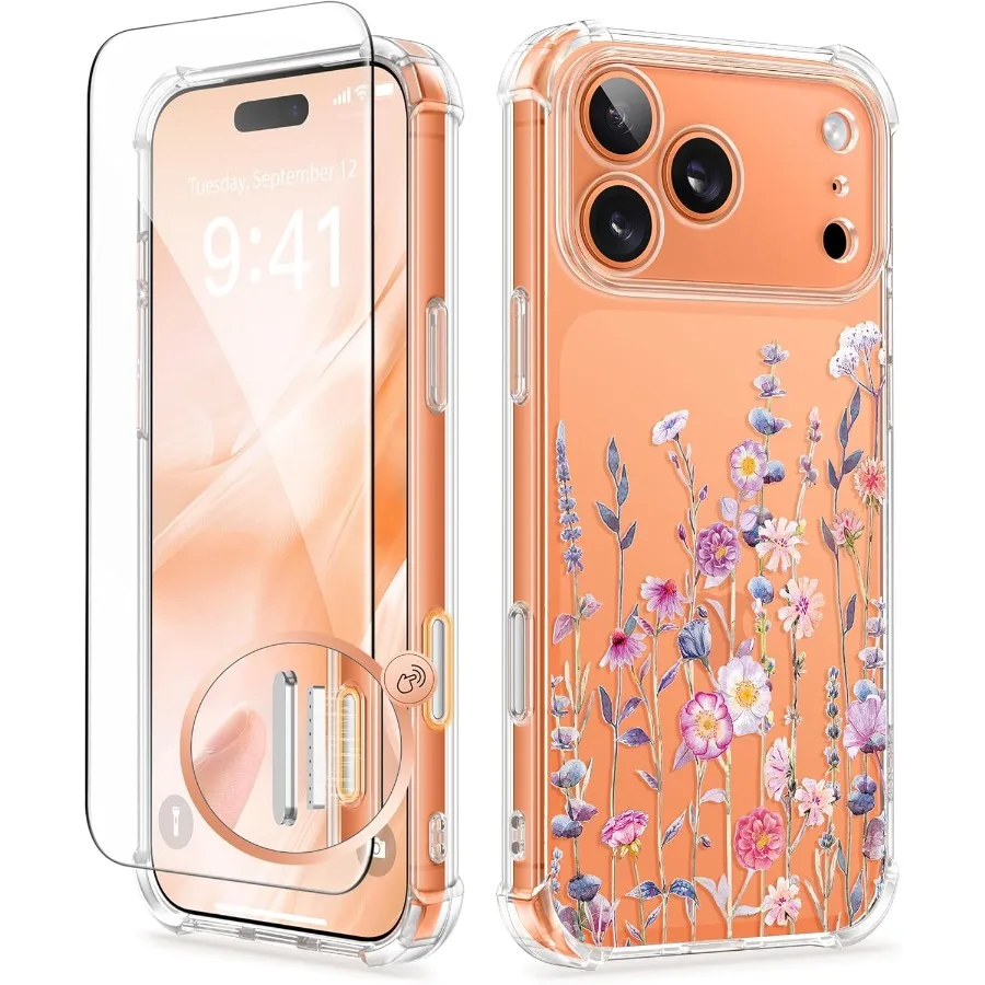 حافظة هاتف شفافة رفيعة مقاومة للصدمات مع واقي شاشة مدمج لهاتف iPhone 17 Pro 6.3 حماية كاملة للكاميرا