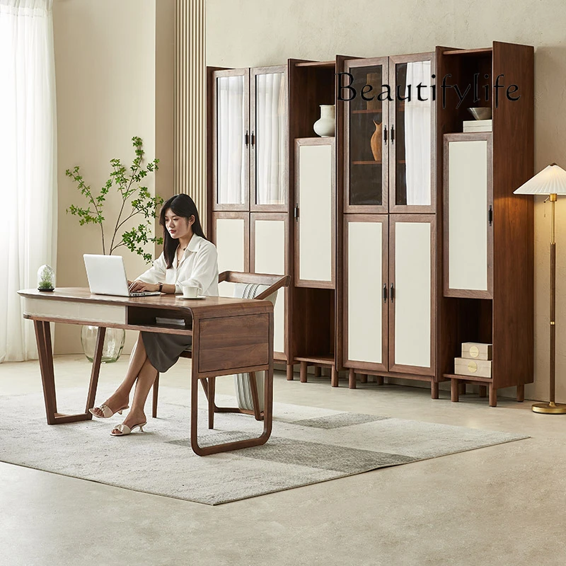 مكتب من الخشب الصلب من خشب الجوز الأسود في أمريكا الشمالية، مكتب كتابة مخصص للدراسة المنزلية من الجلد الإيطالي #5