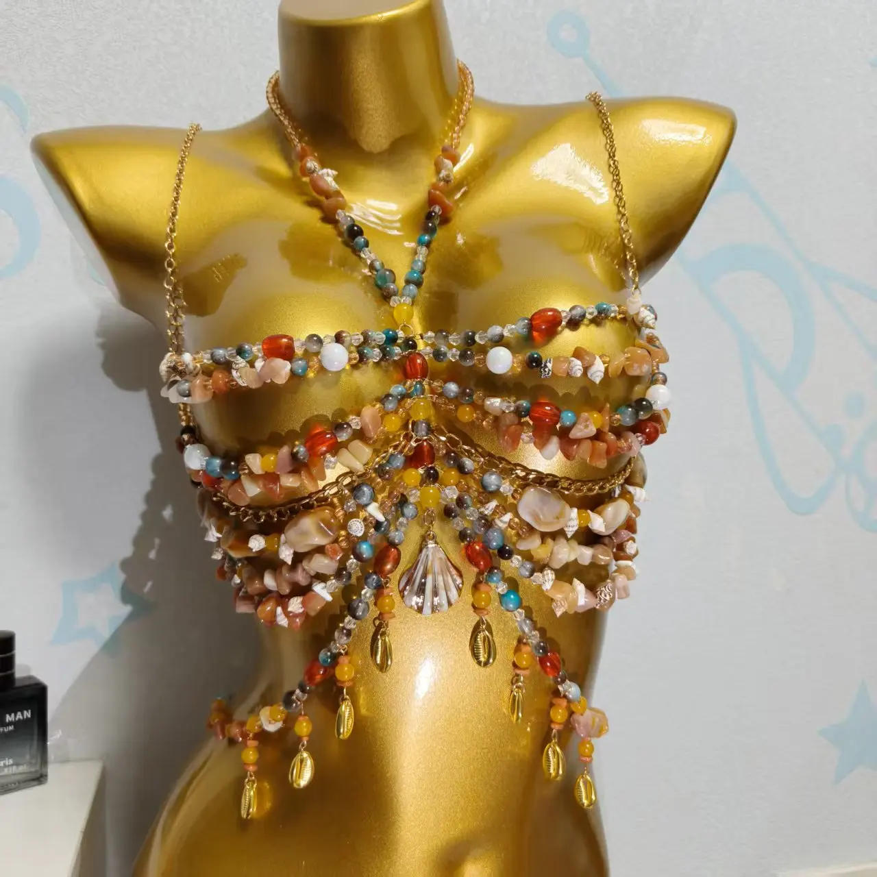 

Handmade Crystal Bra Halter Green Beaded Layered Lingerie Harness Bralette Beaded Women Vest Neck Woman Tops Beachwear