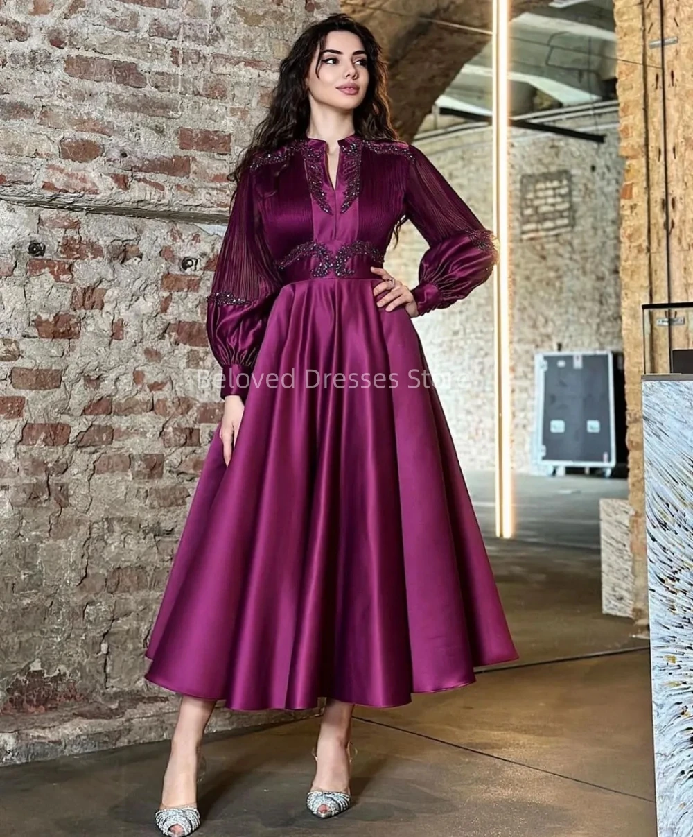 

Vintage Satin V-Neck Prom Dresses A Line Tea-Length Evening Gowns Vestidos Long Sleeves Formal Dresses Vestidos De Fiesta
