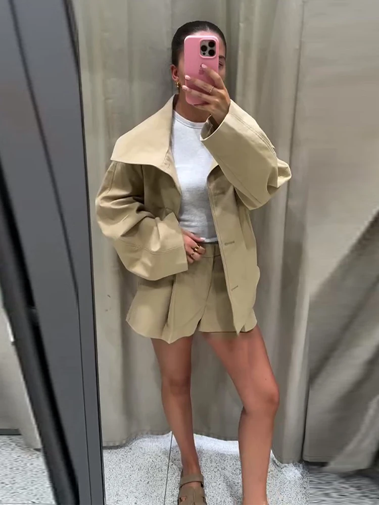 Gabardinas elegantes con solapa grande y cordones para mujer, chaquetas cortas con cinturón de manga larga y una botonadura, prendas de vestir exteriores elegantes para mujer de otoño 2025