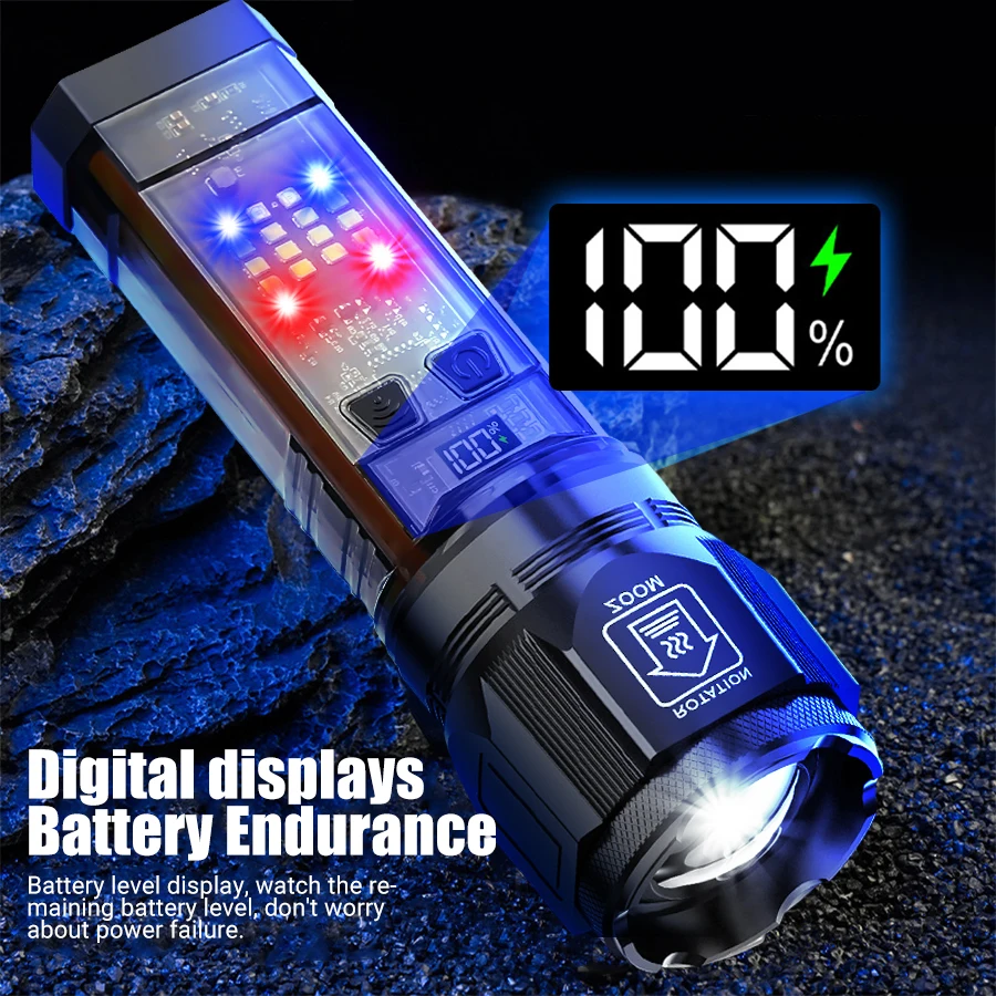 High Power White Laser Flashlight Super Bright LED Long Range Zoomable Torch Multifunctional Charging Camping Hunting Lantern