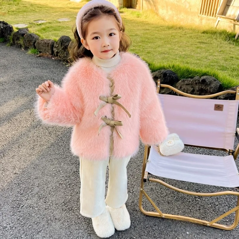 معطف فرو للفتيات الصغيرات للخريف والشتاء سترة جديدة أنيقة من فرو اللؤلؤ السميك للأطفال مقاس 90-150 سم