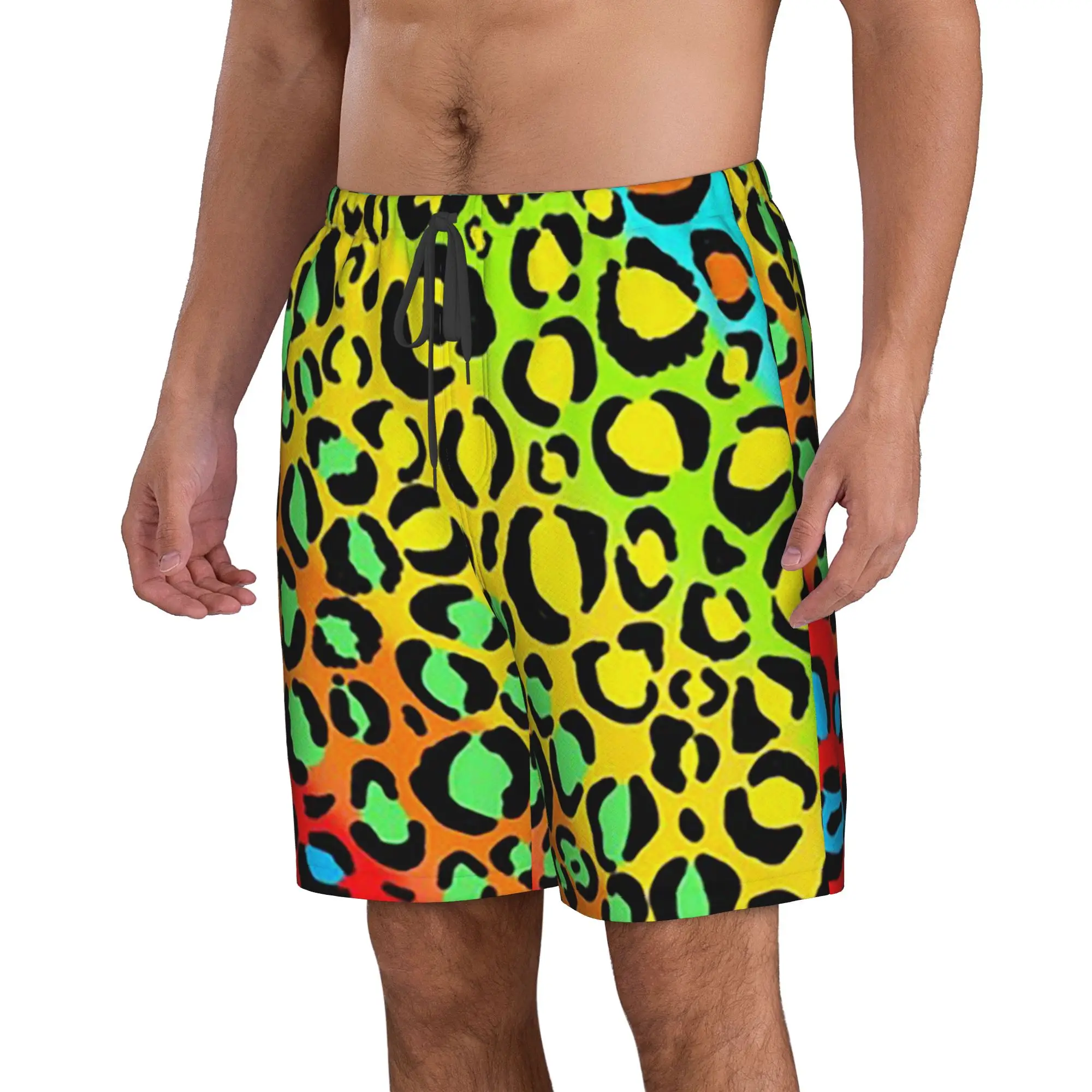 Vibrant Rainbow Leopard Print Trunks Beach Board Shorts Casual Quick Dry Swim Summer Men Pants