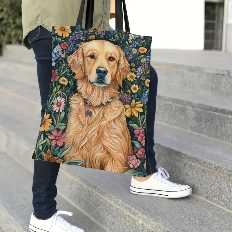 1pc Golden Retriever & Floral Print Reusable Tote Bag High-Quality Large Capacity Shoulder Bag for Shopping Work Handbag
