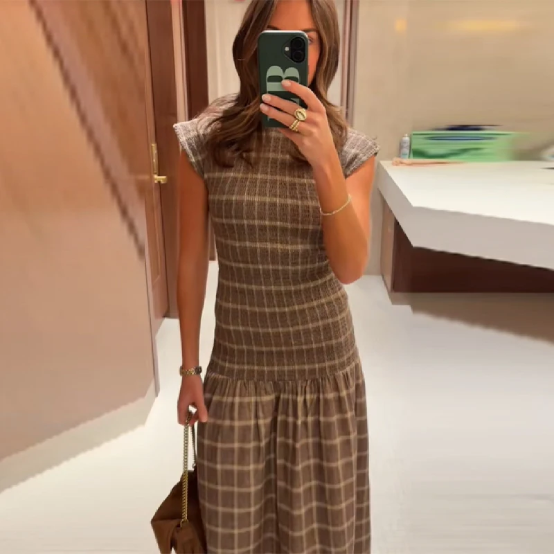 Vintage xadrez midi vestido smocked corpete manga boné em camadas design retro xadrez fino ajuste feminino escritório chique outono commuter wear