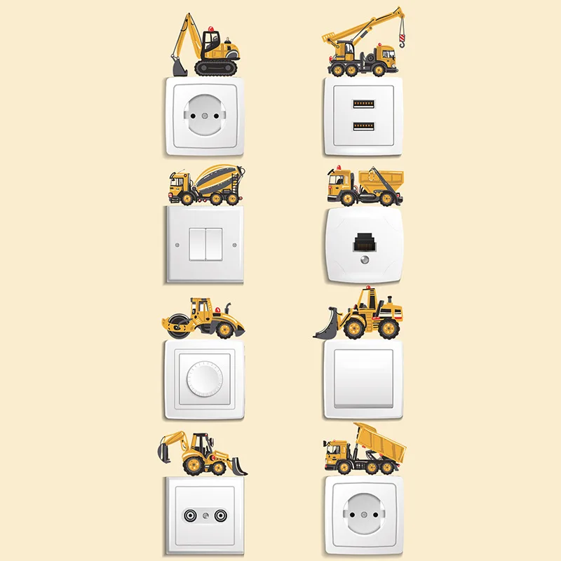 Cartoon Nordic Crane Excavator Tractor Switch Sticker Kid Baby Bedroom Decoration Self-adhesive Home Decor Child Wall Decals