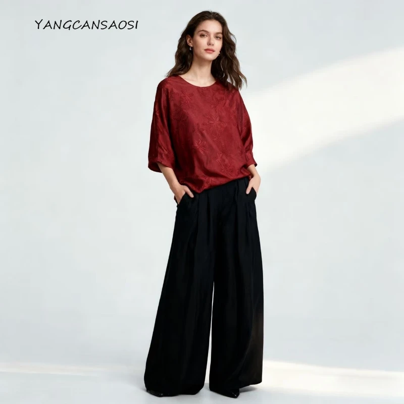

Fashion Early Autumn New Red Frost Leaf Versatile Style 100% Natural Mulberry Silk Falling Shoulder Sleeve Round Neck T-shirt
