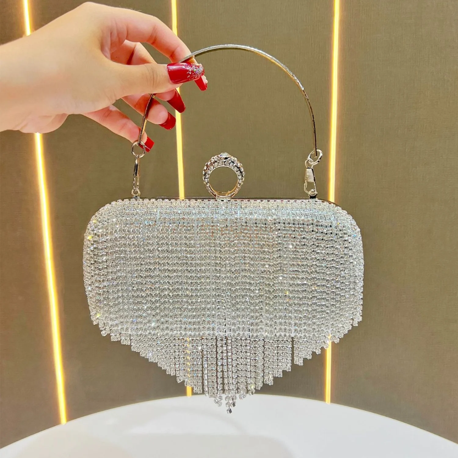 New Women's Formal Diamond-Embellished Tassel Evening Clutch Bridal Wedding Handbag Handheld Purse Prom Party One Shoulder Bag