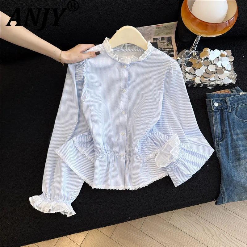 

ANJY 2026 Весна-Лето Новая женская рубашка в стиле французского шика с кружевными вставками, уникальный дизайн, длинный рукав, модная элегантная модель A20094