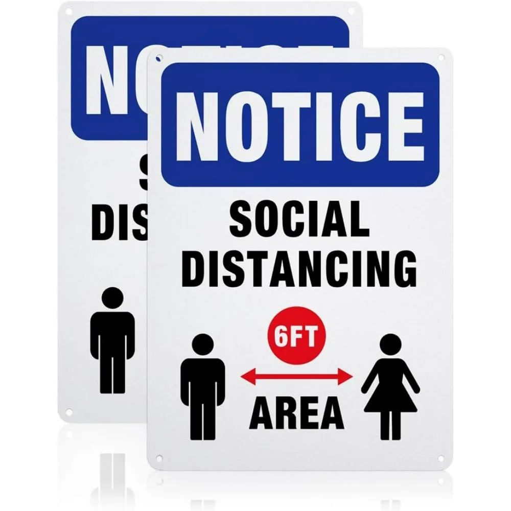 2 Pack Notice Social Distancing 6 feet Warning Signs, 7x10 inches 40 Mil Aluminum Security Warning Signs for Hospital Business