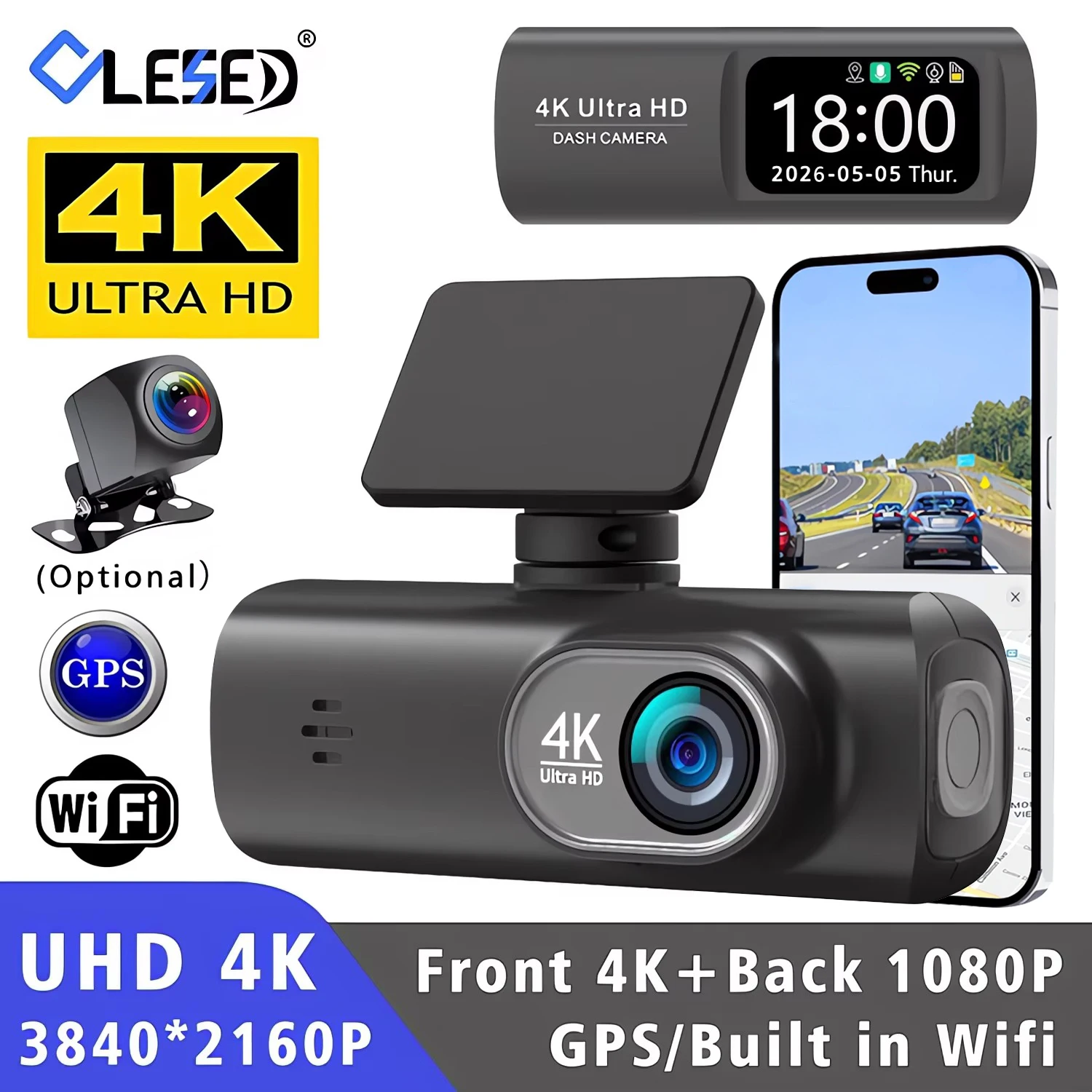 Dashcam UHD 4K 3840*2160P Aufnahme Autokamera DVR Super Nachtsicht Videorekorder Eingebautes WLAN GPS-Unterstützung 24-Stunden-Parkmodus