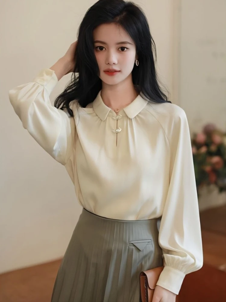 

Chinese Style Blouses Peter Pan Collar Long Sleeve Pleated Hollow Out Solid Color Shirts French Vintage Spring Women's Clothing