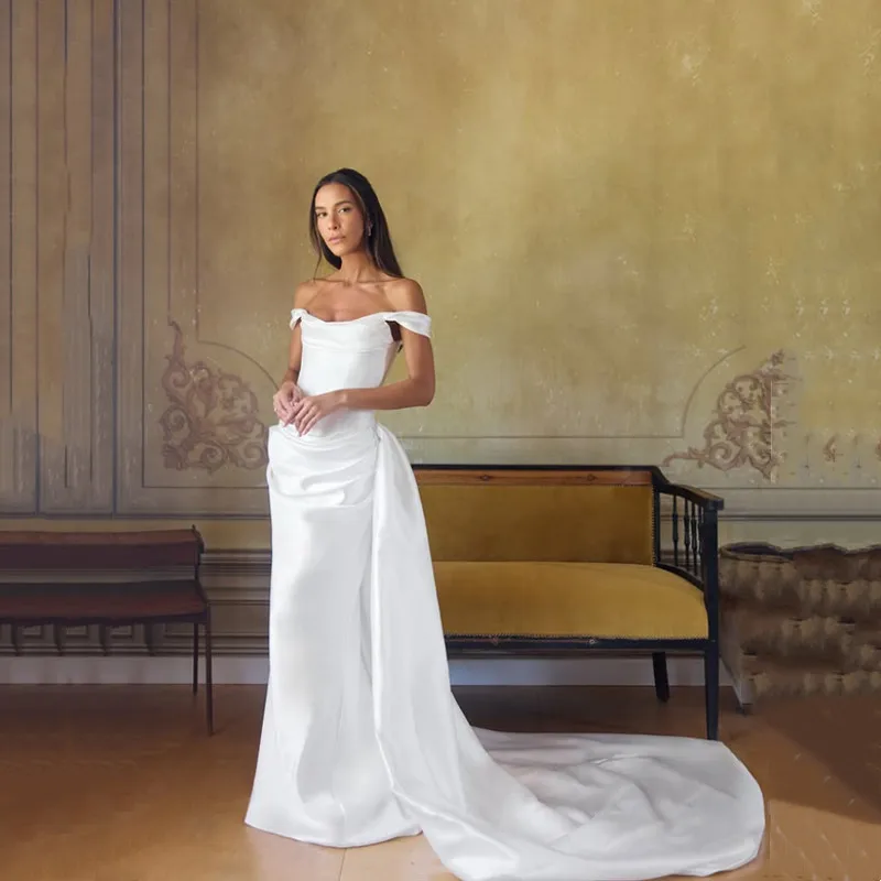 

Simple Mermaid Satin Ivory Wedding Dresses Off The Shoulder Modern Strapless Sleeveless Bride Gowns Sexy Open Back Customized