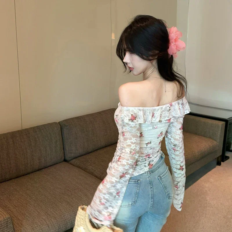 Herbst Neue Design Lange-ärmeln T-shirt frauen One-schulter Rüschen Bodenbildung Shirt Top