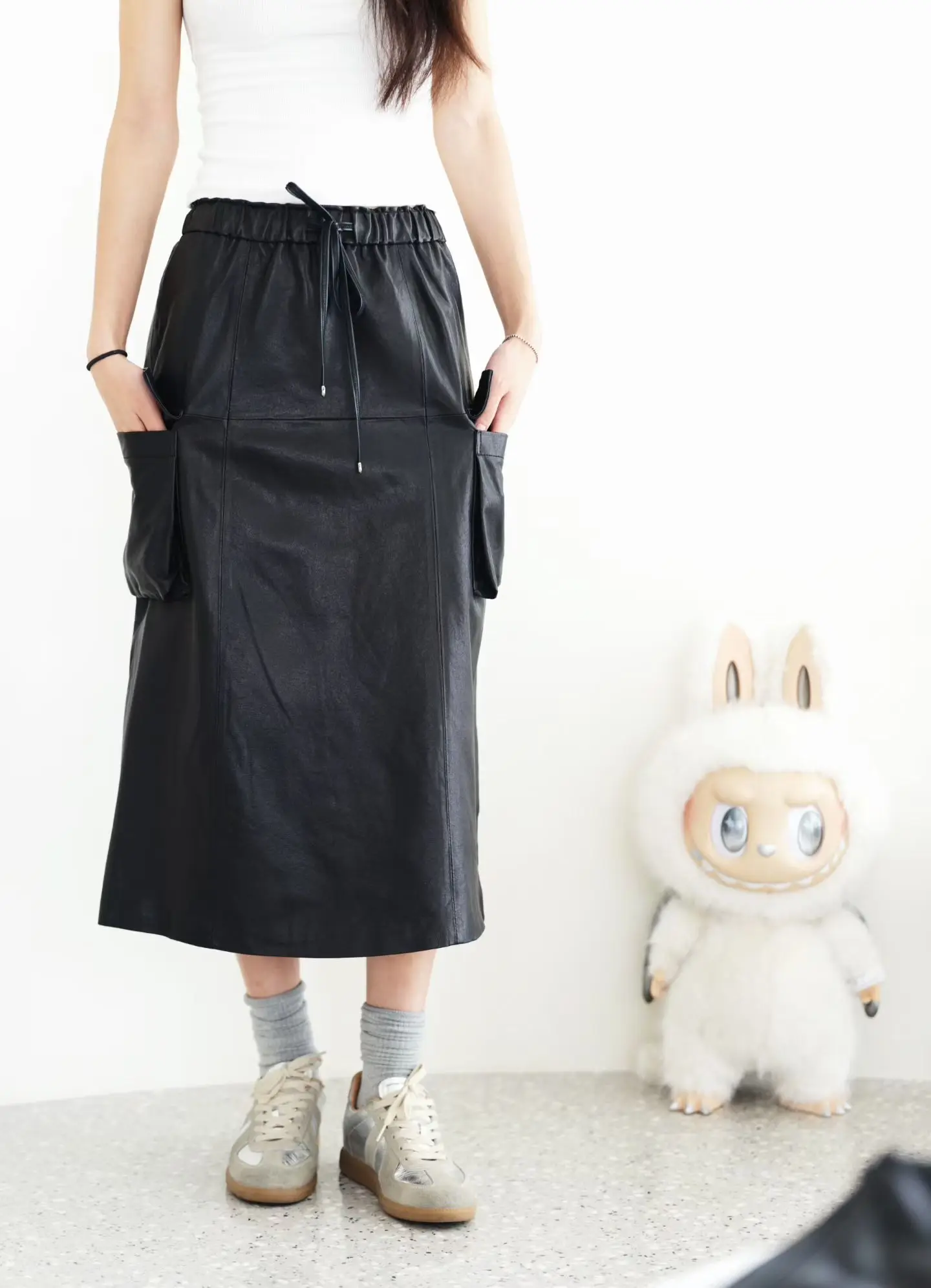 

Autumn High End Women Genuine Leather Sheepskin Long Skirt 70cm Drawstring Wrapped Jupe Mujer Mid Length