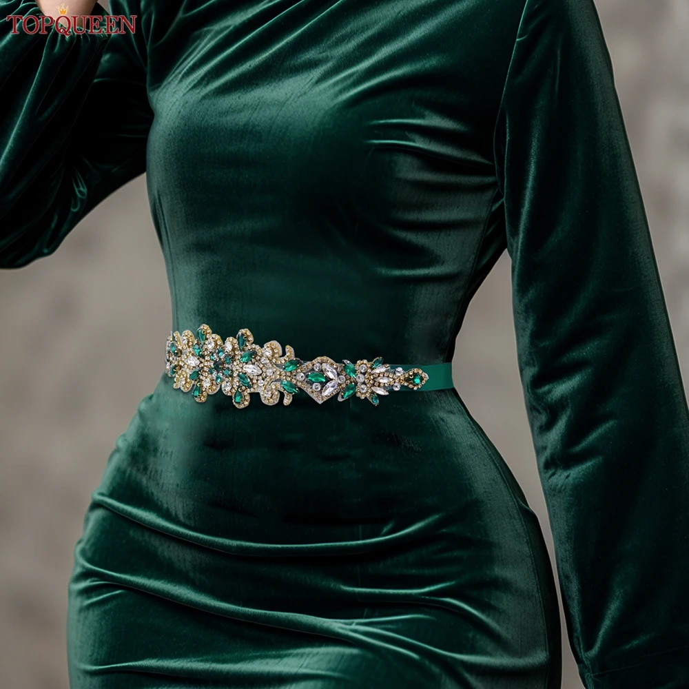 TOPQUEEN-Cinto De Vestido De Noiva Artesanal Para Mulheres, Acessórios Da Faixa Dourada, Strass Verde, Vestido De Festa Diário À Noite, Luxo, S12-KL