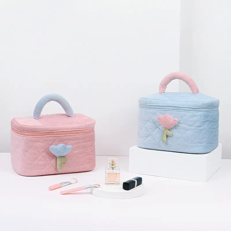 1 Set Solid Color Flower Makeup Bag Set Zipper Large Soft Corduroy Cosmetic Bag Female Travel Make Up Beauty Case Set