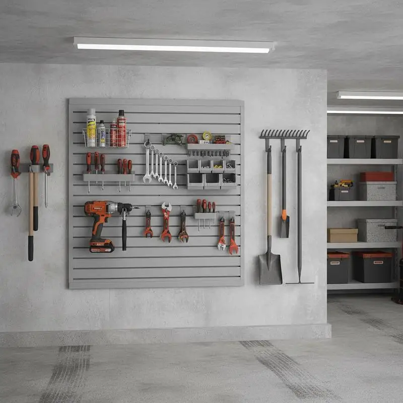 

Tool wall 1230x1235x20mm, PVC garage slatwall, grey wall organizer 136 kg per panel, slatwall panel with coupling structure & DIY cutting, suitable for storage & presentation